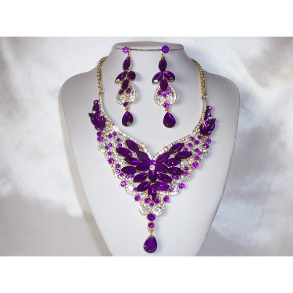 Purple rhinestone necklace set prom party formal evening wedding bridal necklace - Picture 3 of 9